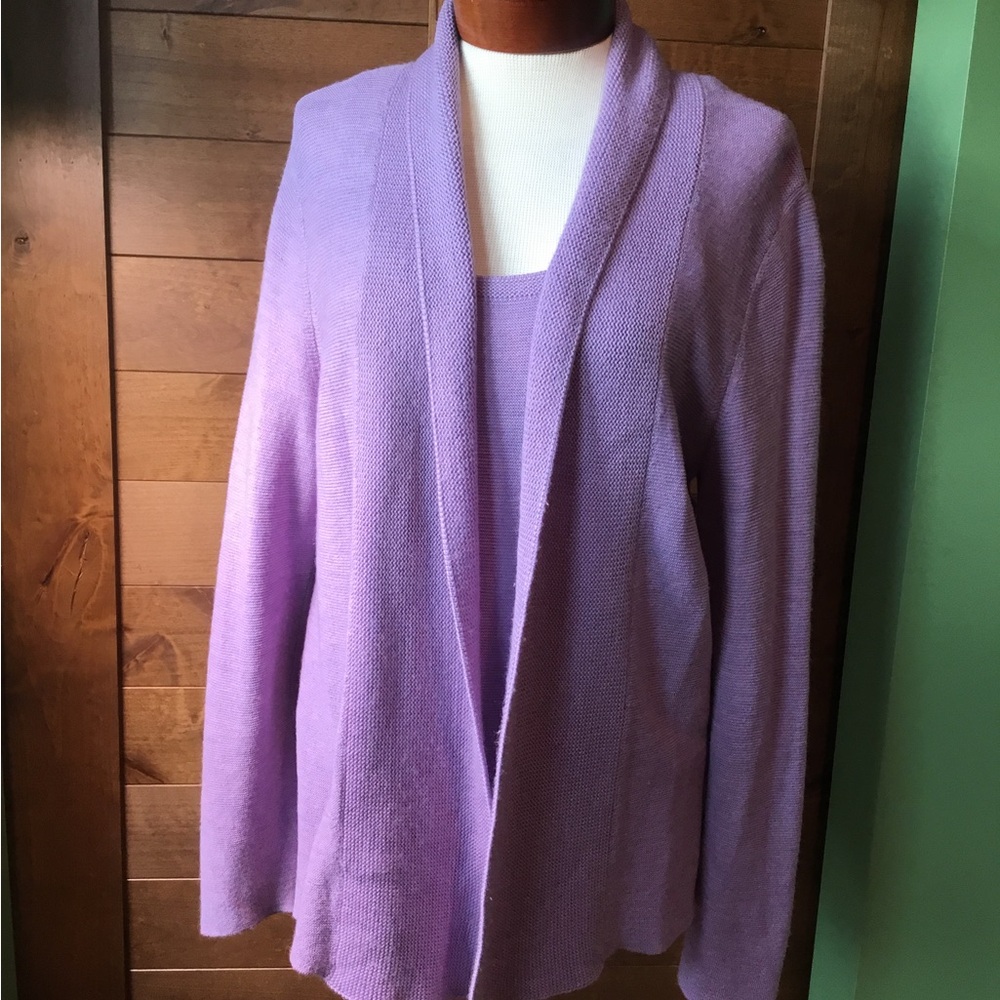 Eileen Fisher 100% Merino Wool Italian Yarn Knit Cardigan Tank Top Set Lavender